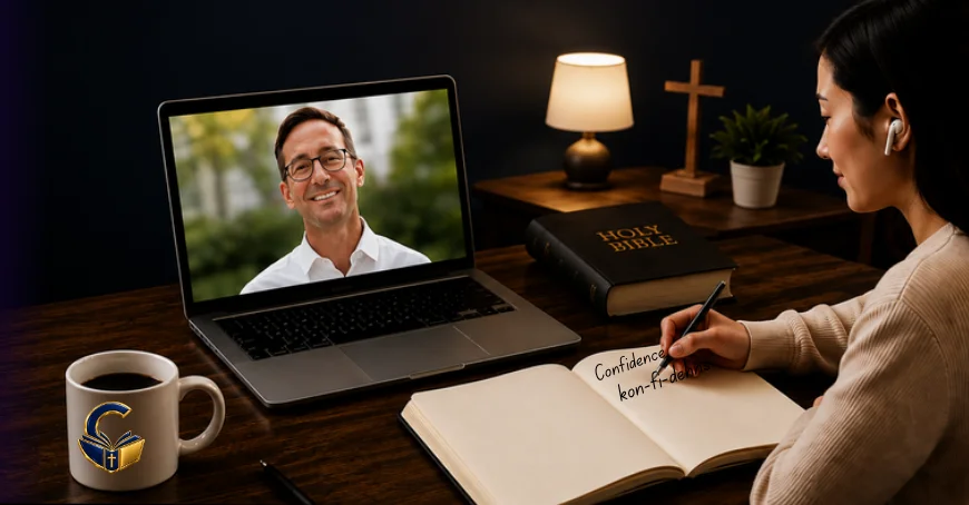An online English coaching session, with a student taking notes at her desk.